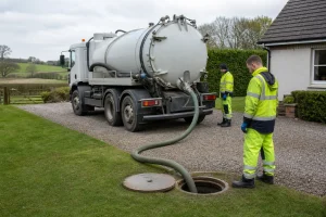 Unbranded vacuum tanker removing liquid waste from a rural property.
