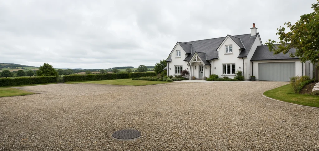 Rural home driveway with septic tank access cover