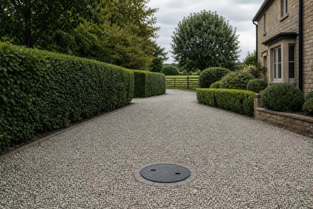 Septic tank access in a tidy Oxfordshire garden
