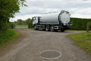 Unbranded tanker parked near a rural driveway access cover